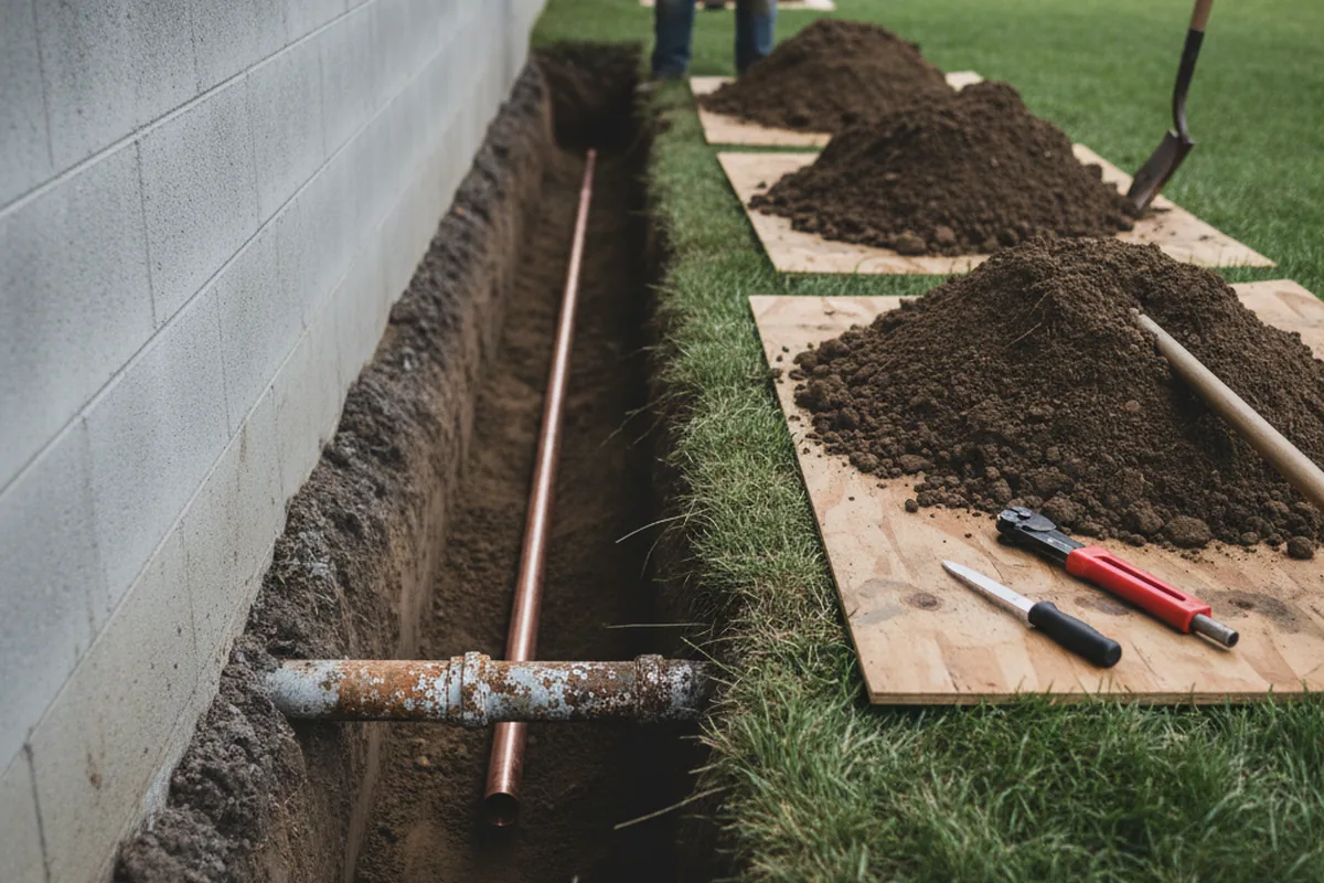 Excavated water line trench during Water Softener Installation in Holmdel